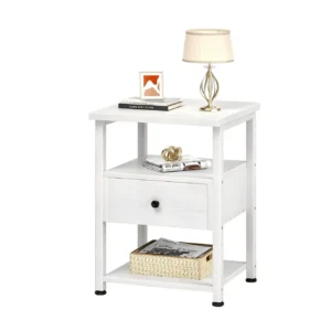 White industrial 3-tier nightstand with middle drawer and white metal frame