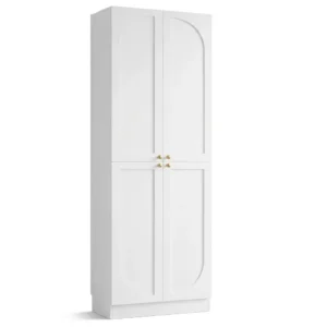 Wholesale modern pure white storage cabinet featuring two upper and two lower arched shaker doors with brushed gold handles, designed as a freestanding pantry wardrobe or kitchen pantry