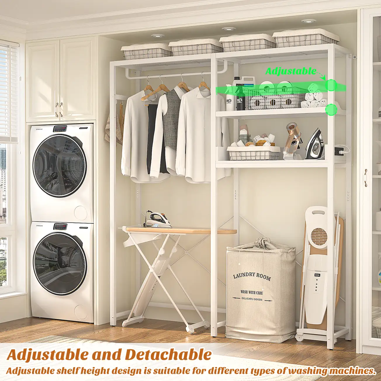 White Laundry Storage Rack Adjustable & Detachable Shelving Guide Modern full white 4-tier laundry room storage rack showcasing adjustable and detachable shelves styled with a clothes hanging rod, laundry basket, and ironing board