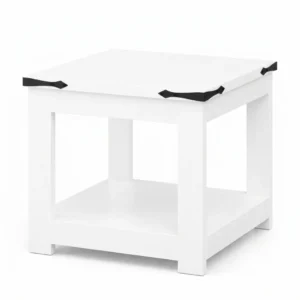 All-white modern square end table on a pure white background, featuring distinctive matte black metal corner protectors and a 2-tier open storage structure