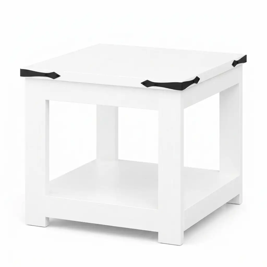 All-white modern square end table on a pure white background, featuring distinctive matte black metal corner protectors and a 2-tier open storage structure