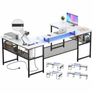 Modular white top black frame U shaped gaming desk with smart RGB led lights and monitor stand for brand sourcing