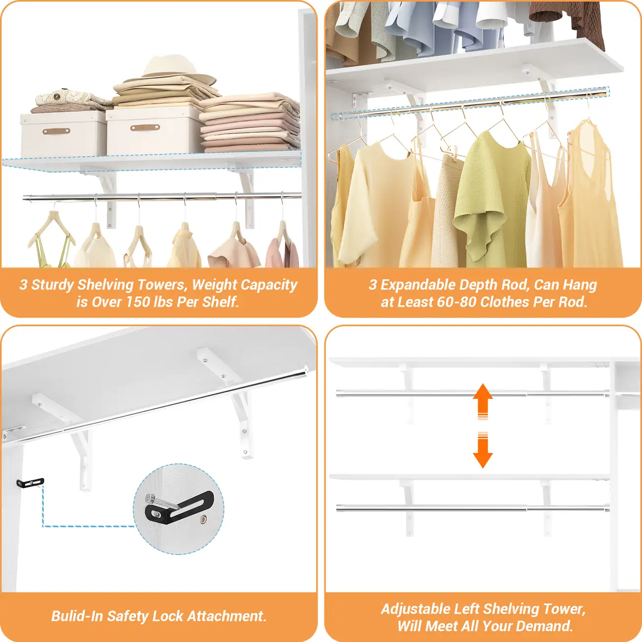 Heavy Duty Wood Closet System Structural Details: Expandable Clothing Rods, 150 LBS (68 kg) Shelf Capacity & Built-In Safety Lock 4-panel structural detail infographic for a modular wood closet organizer system, highlighting 3 sturdy shelving towers with over 150 lbs (68 kg) weight capacity per shelf, 3 expandable depth clothing rods hanging 60-80 garments each, a built-in safety lock attachment for wall anchoring, and a height-adjustable left shelving tower module.