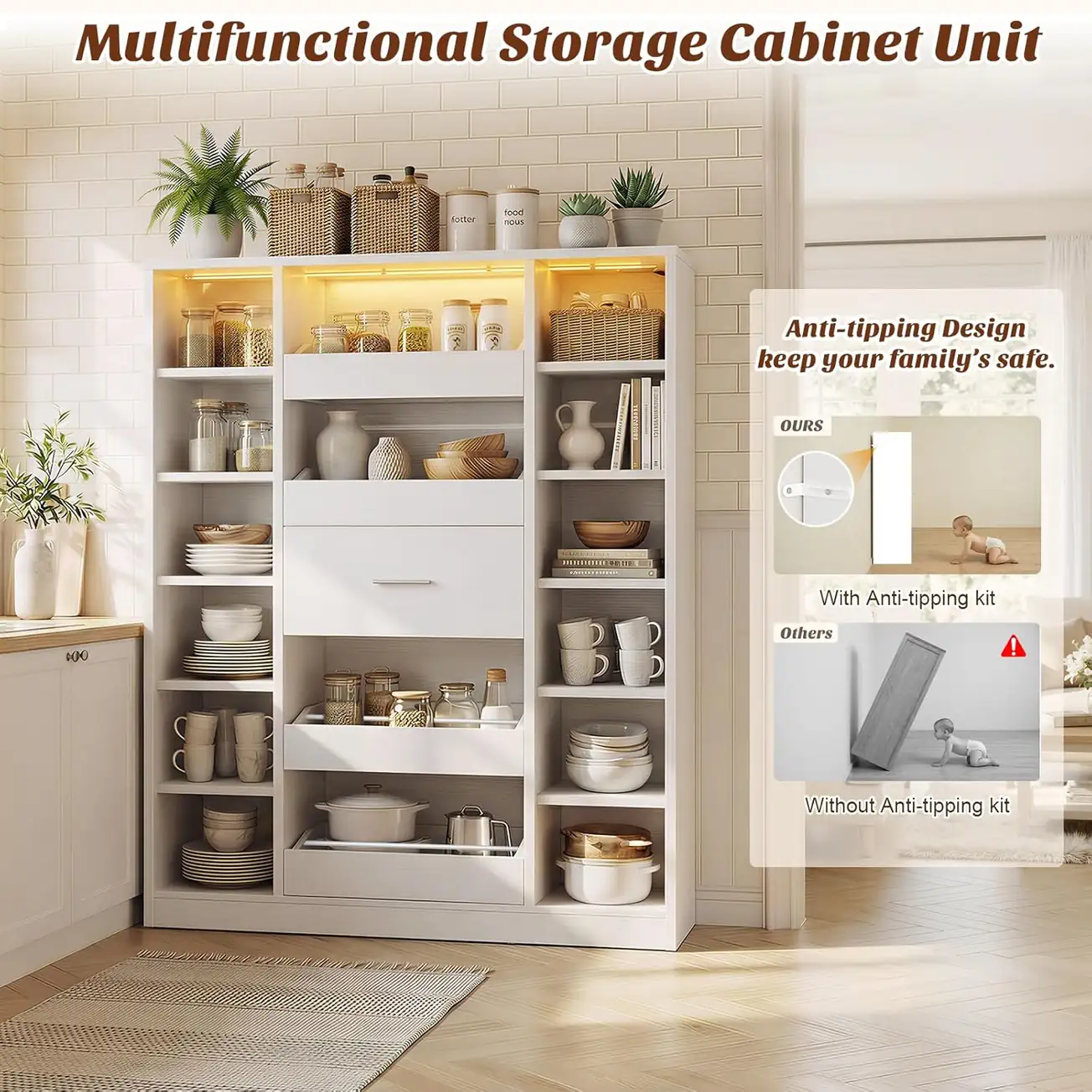 Multifunctional Storage Cabinet Unit with Anti-Tipping Safety Design Multifunctional white storage cabinet used as a kitchen pantry, showcasing an anti-tipping design comparison card with wall anchor kit safety instructions