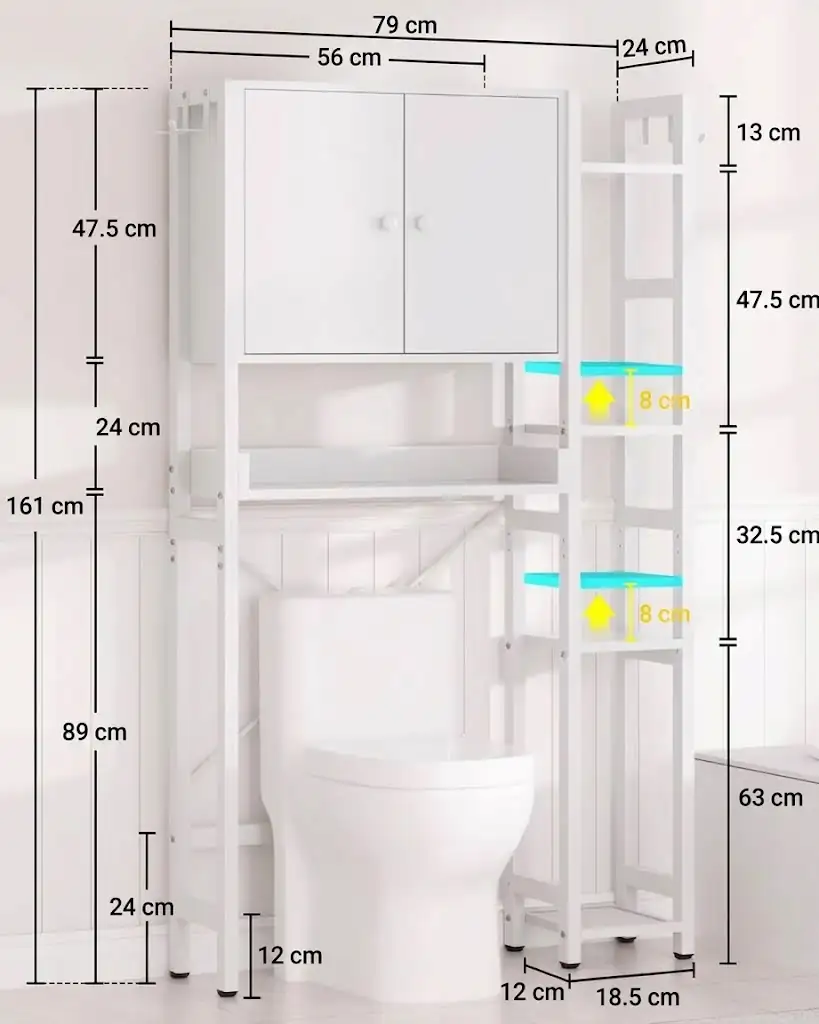 Over The Toilet Storage Cabinet Dimensions Detailed size chart and dimensions of the white over the toilet storage cabinet