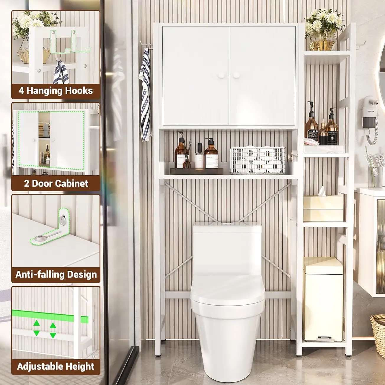 Over The Toilet Storage Cabinet Features And Details hite over the toilet storage cabinet featuring 4 hanging hooks, 2 door cabinet, anti-falling safety design, and adjustable height