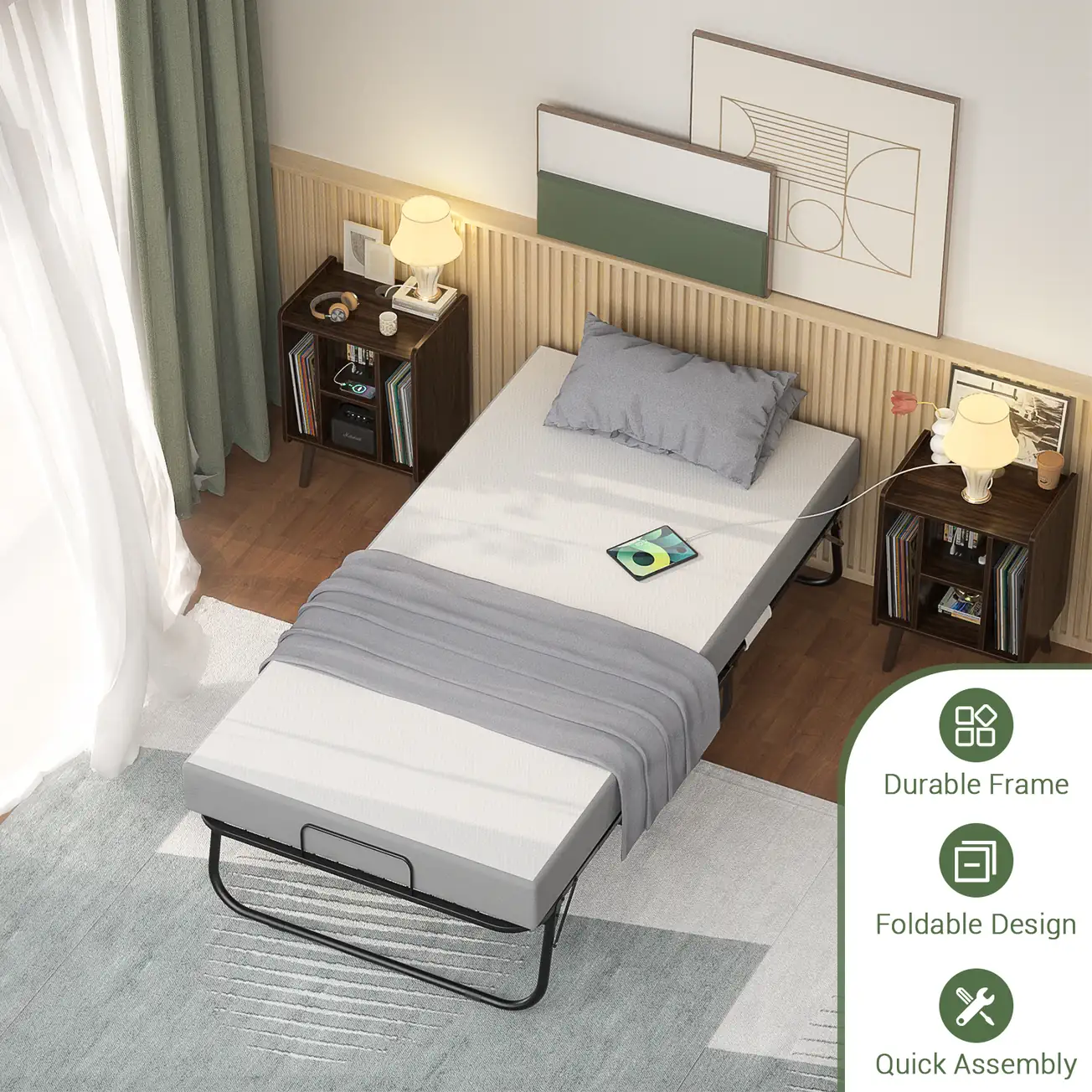 Premium Foldable Guest Bed (75" x 31") - Ideal for Hotels, Modern Apartments, and Extra Bedding Solutions Fully opened portable rollaway guest bed with memory foam mattress in a modern bedroom lifestyle setup, highlighting durable frame, foldable design, and quick assembly