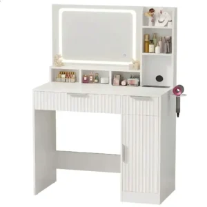 pure white fluted vanity desk with single side cabinet