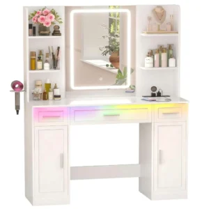 Wholesale modern pure white makeup vanity desk featuring a large integrated LED smart mirror, multi-tier top shelves, colorful under-desk RGB ambient lights, 3 storage drawers, dual lower cabinets, and a side-mounted metal hair dryer holder