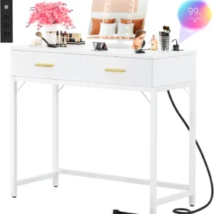Wholesale pure white modern vanity desk with built-in power strip charging station, 2 storage drawers with elegant gold handles, and white powder-coated steel legs for space-saving bedroom furniture catalog.