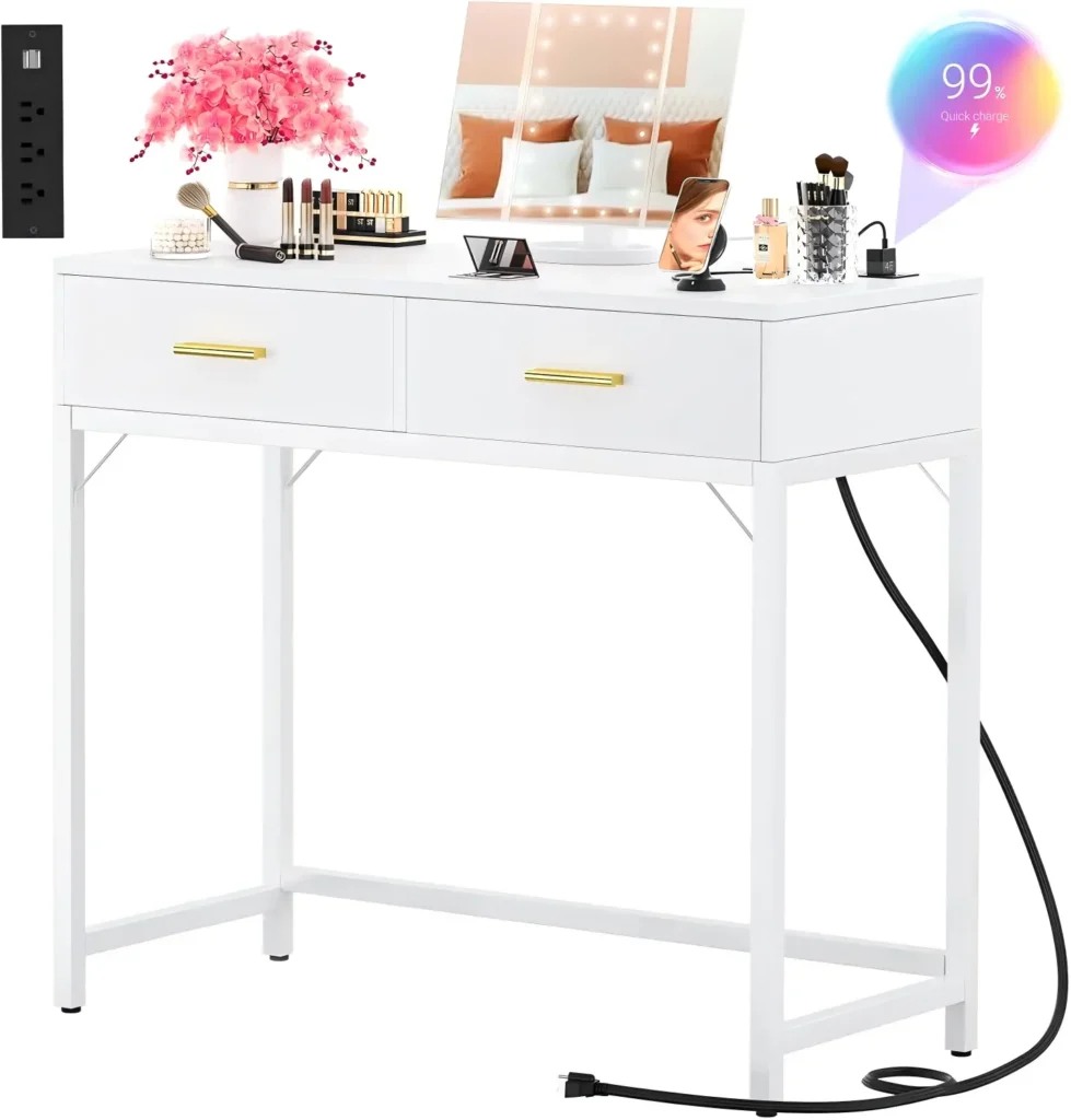 Wholesale pure white modern vanity desk with built-in power strip charging station, 2 storage drawers with elegant gold handles, and white powder-coated steel legs for space-saving bedroom furniture catalog.