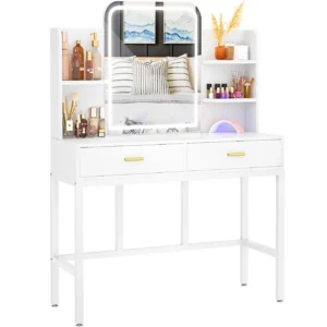 Wholesale modern pure white makeup vanity desk featuring a large integrated smart mirror with 3 color lighting options, multi-tier hutch shelving, 2 drawers with elegant gold handles, and a sturdy white steel frame