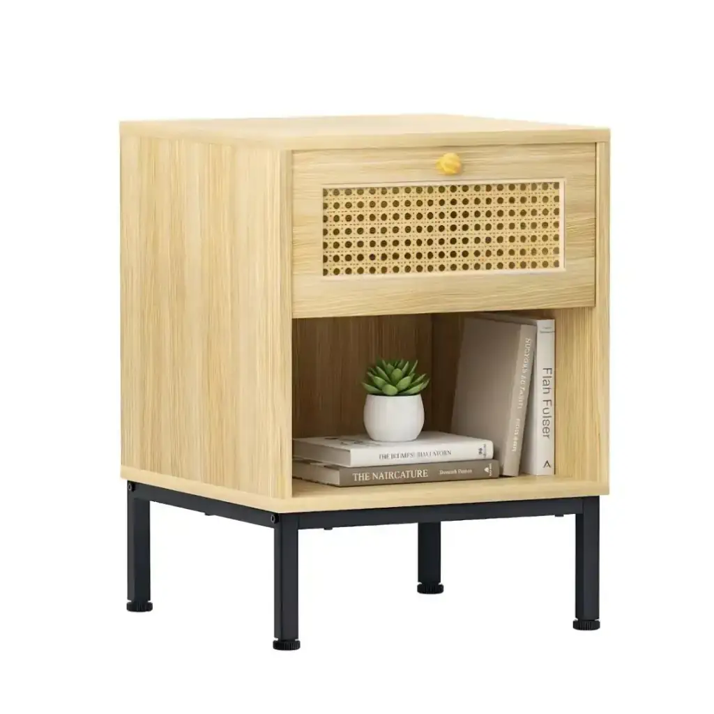 Rattan Nightstand with Storage Drawer Natural wood rattan nightstand with 1 drawer and open storage shelf on black metal legs