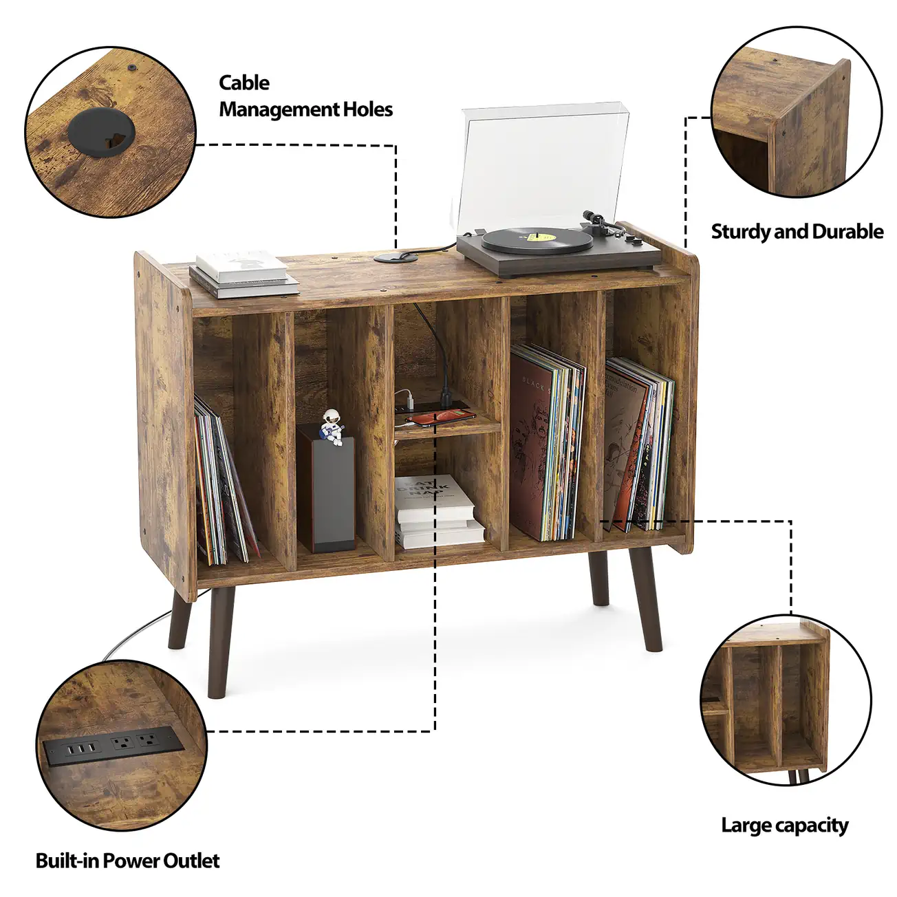 record player stand with power outlet features infographic Features of turntable stand showing built-in power outlet cable management holes and large capacity vinyl storage