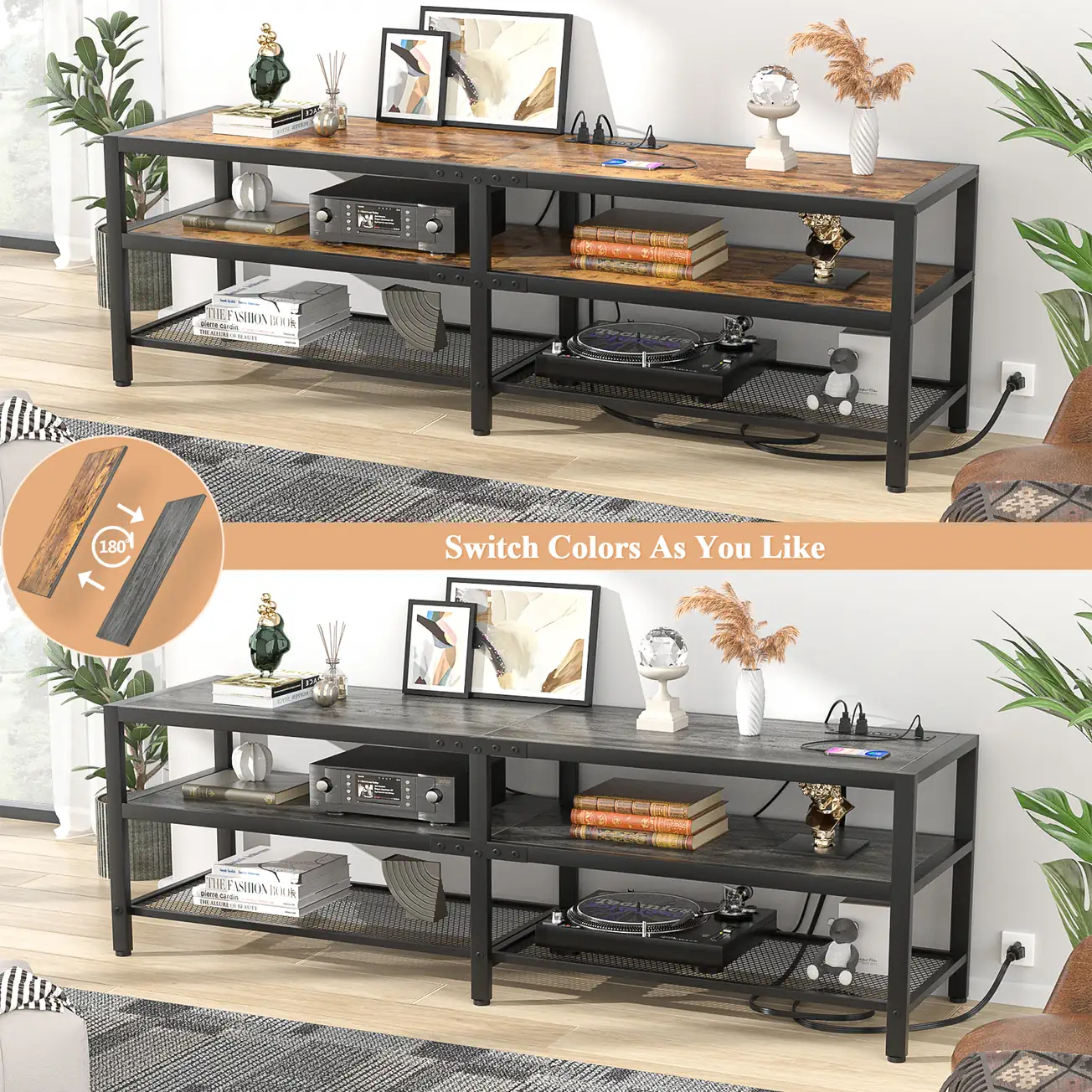Reversible Dual Color Wood Panels Industrial TV Stand Industrial TV stand showcasing 2-in-1 reversible wood panels that switch between rustic brown and gray oak colors