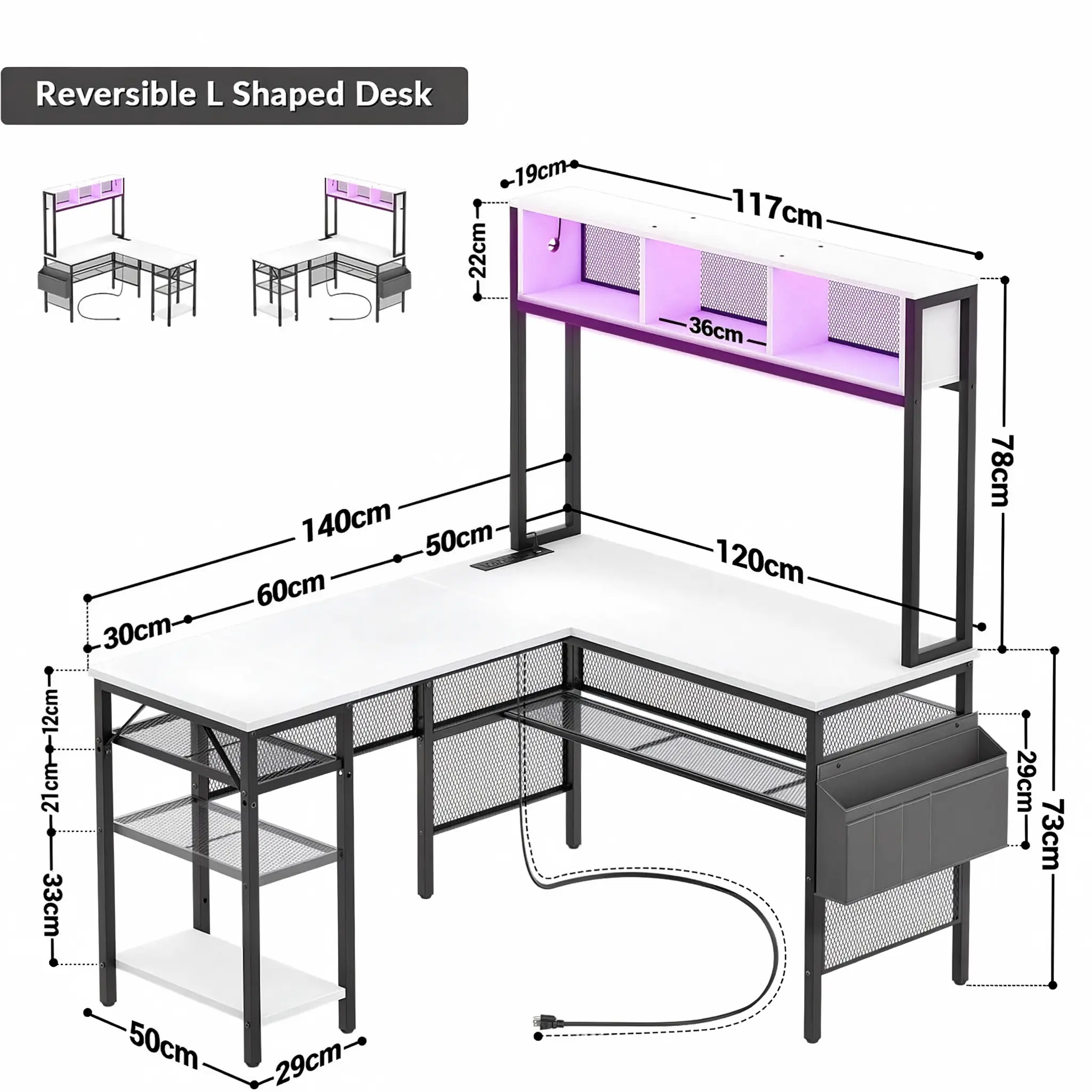 White Reversible L-Shaped Desk Dimensions Specimensions spec Reversible L-shaped gaming desk dimensions chart with 140cm width and top hutch