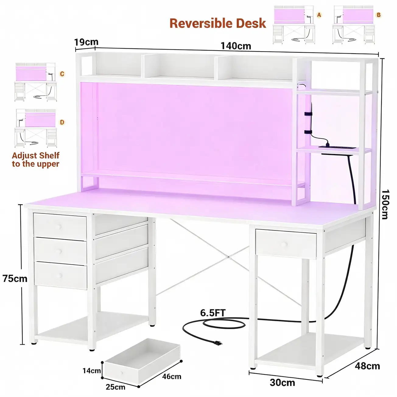 White Reversible Gaming Desk Dimensions White reversible computer desk dimensions chart with 140cm width and 150cm height