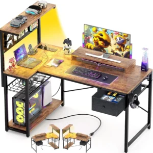 Reversible L shaped gaming desk with fabric drawer, rustic brown corner computer desk with power outlet and led lights