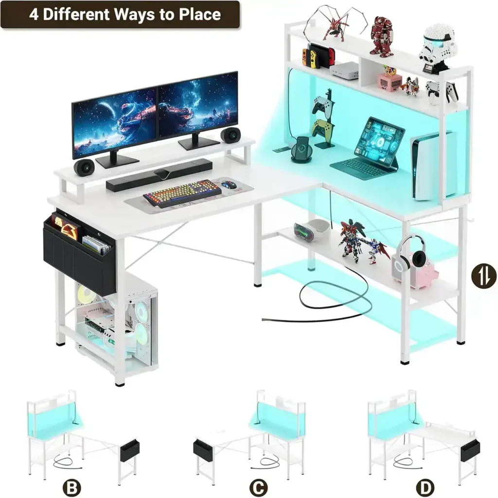 reversible l shaped gaming desk with hutch 4 ways