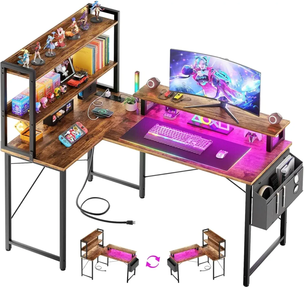 Rustic brown L-shaped computer desk with vertical bookshelf and integrated LED lights showing reversible layout by Comfuri