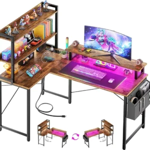Rustic brown L-shaped computer desk with vertical bookshelf and integrated LED lights showing reversible layout by Comfuri