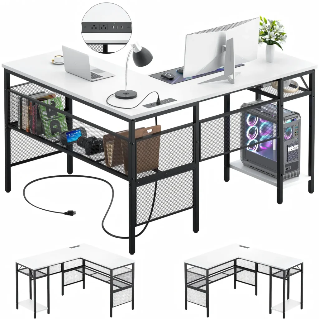 Reversible white top and black frame L shaped gaming desk with power strip for brand sourcing