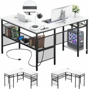 Reversible white top and black frame L shaped gaming desk with power strip for brand sourcing