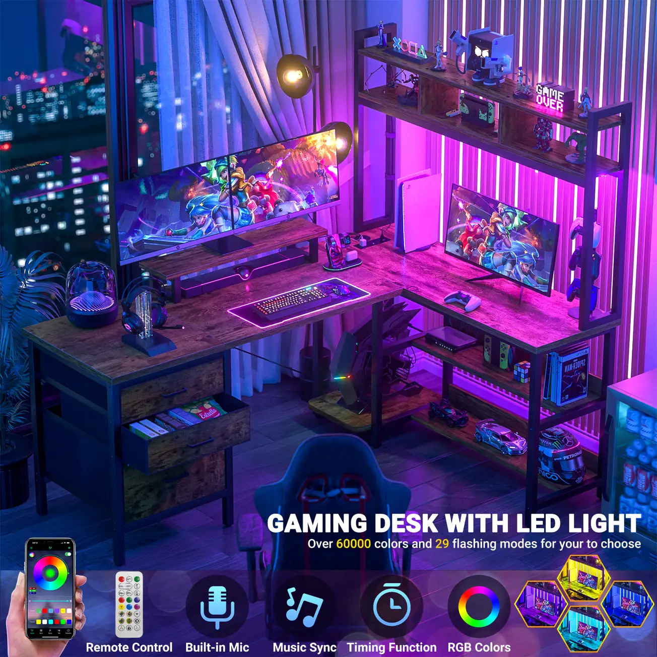 L-Shaped RGB Gaming Desk with Smart LED - Comfuri RGB L-shaped gaming desk with hutch, smart APP control, and music sync LED lights by Comfuri