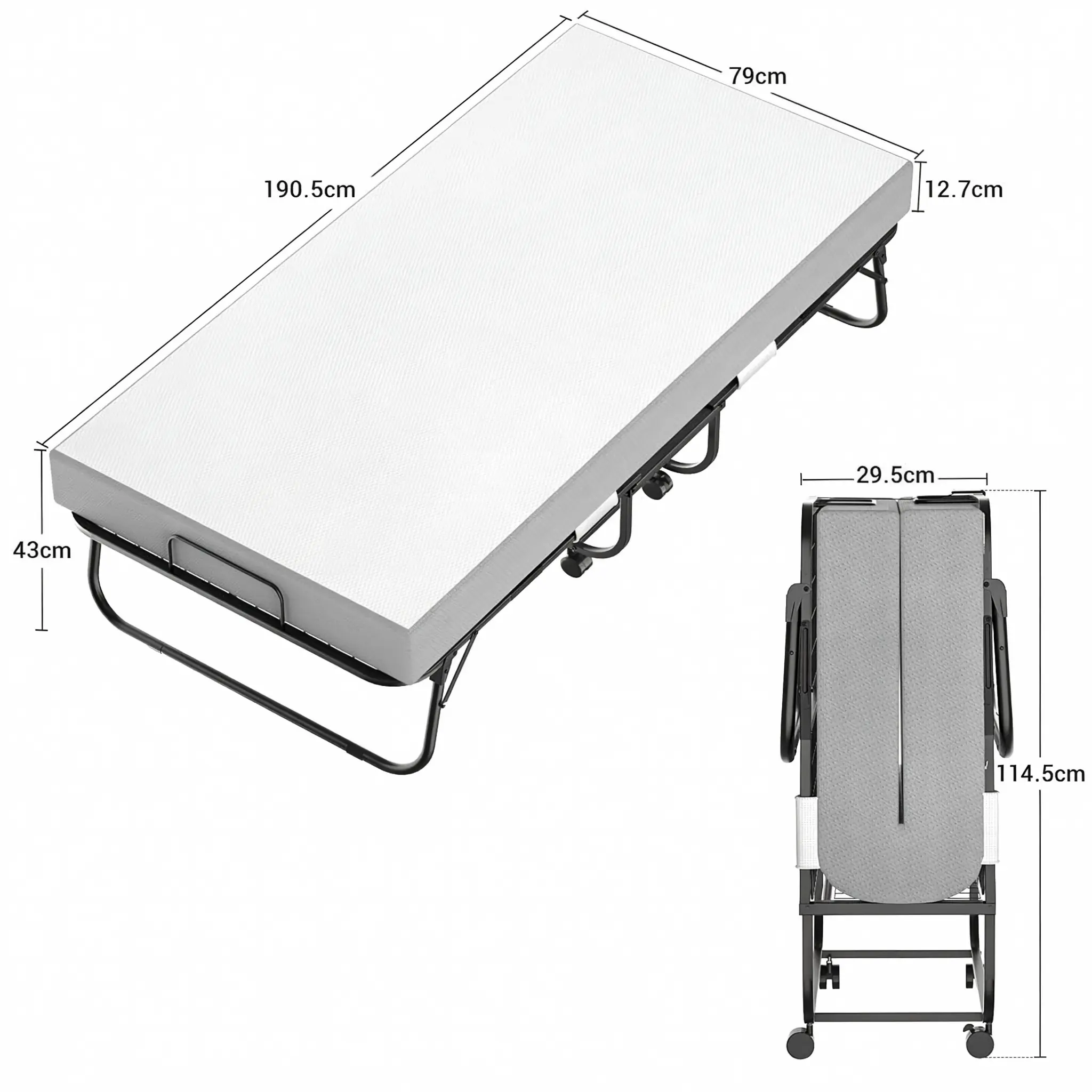 Product Dimensions & Packaging Specifications - Open and Folded Size Chart Detailed dimension diagram of the folding bed showing open size 190.5cm x 79cm x 43cm, 12.7cm mattress thickness, and compact folded size 114.5cm x 29.5cm