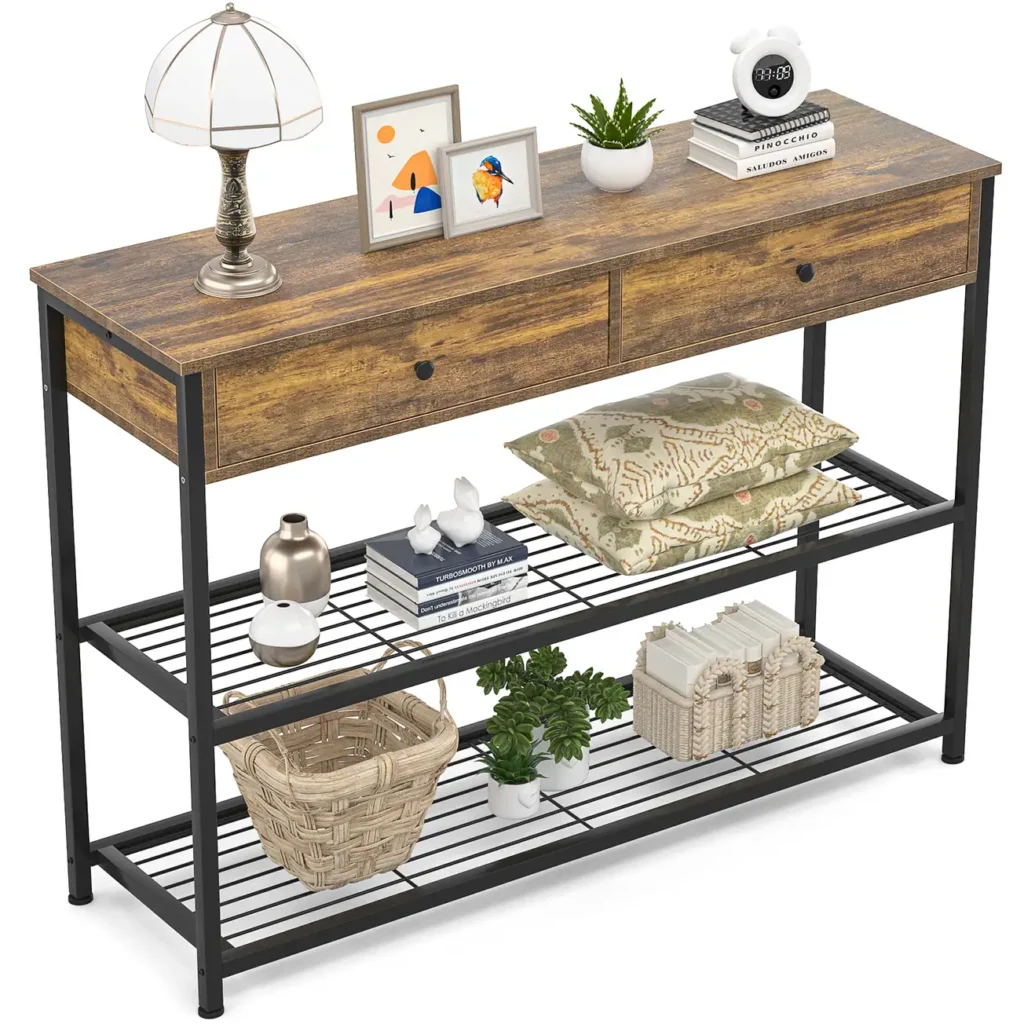 Rustic brown 40.2 inch (102 cm) entryway console table with 2 storage drawers and 2-tier lower shelves