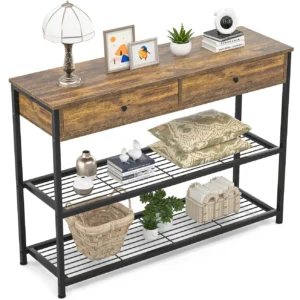 Rustic brown 40.2 inch (102 cm) entryway console table with 2 storage drawers and 2-tier lower shelves