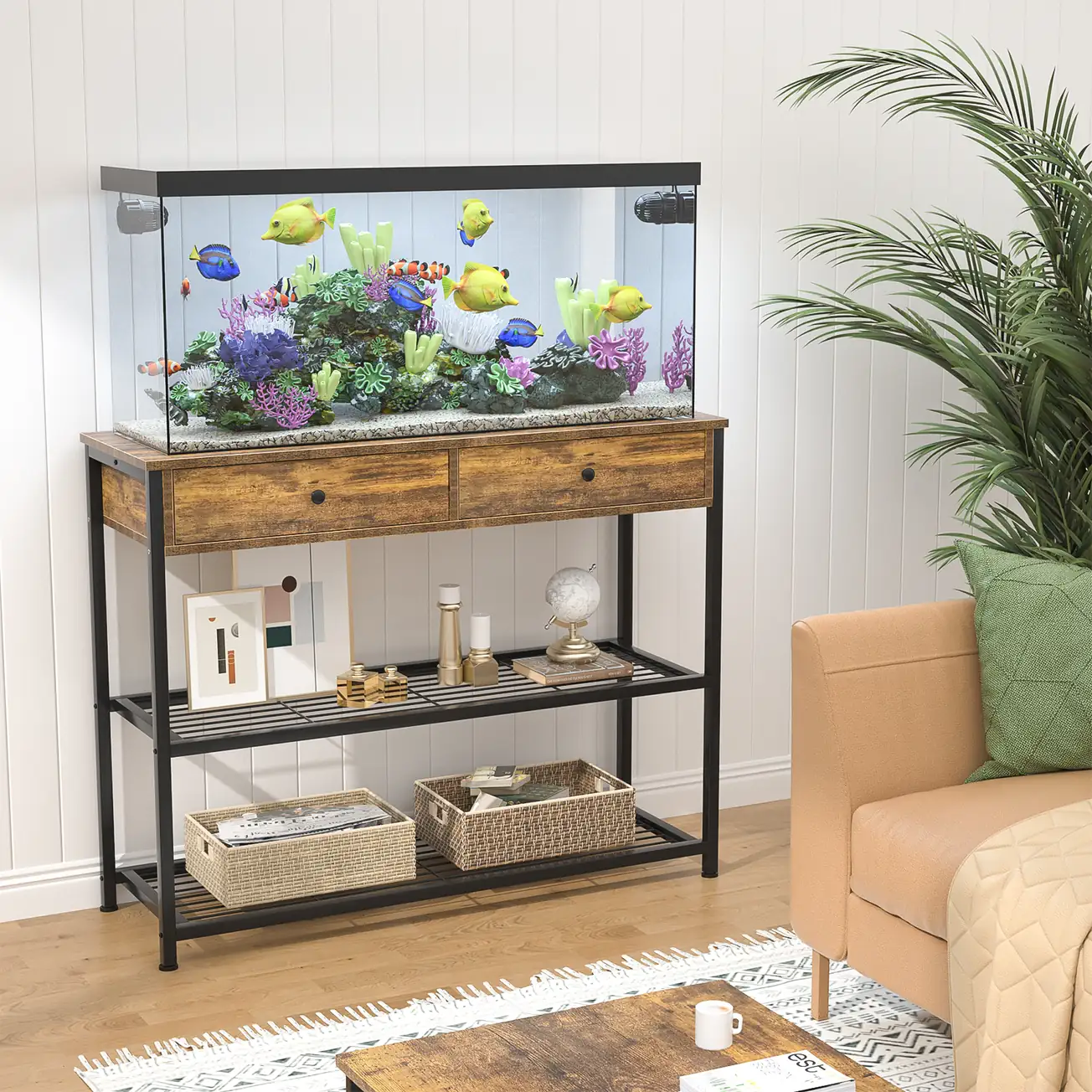 Rustic Brown Fish Tank Stand Main Image Rustic brown 2 drawer heavy duty fish tank stand and aquarium console table with 102 cm (40.2 inch) metal frame
