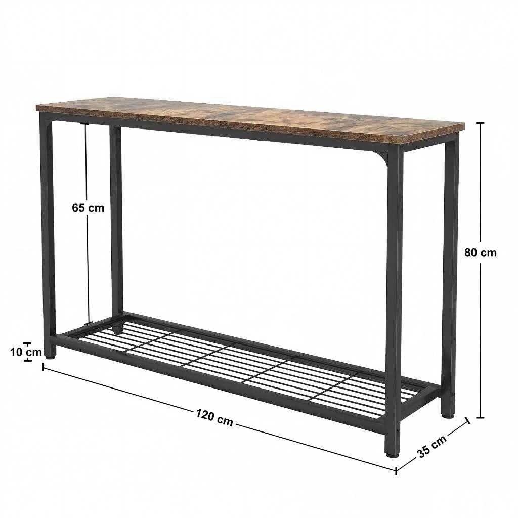 Rustic Brown 2 Tier Console Table Dimensions Rustic brown 47.2 inch (120 cm) 2-tier console table size chart showing 80x35x80 cm dimensions