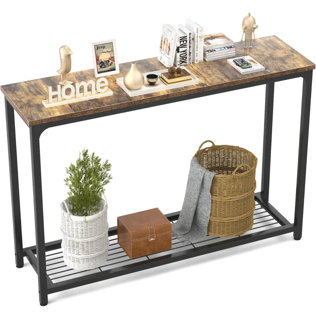 Rustic brown 2-tier narrow console table with minimalist metal frame and single mesh storage shelf