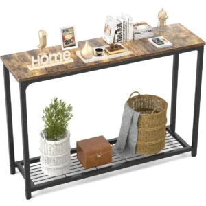 Rustic brown 2-tier narrow console table with minimalist metal frame and single mesh storage shelf
