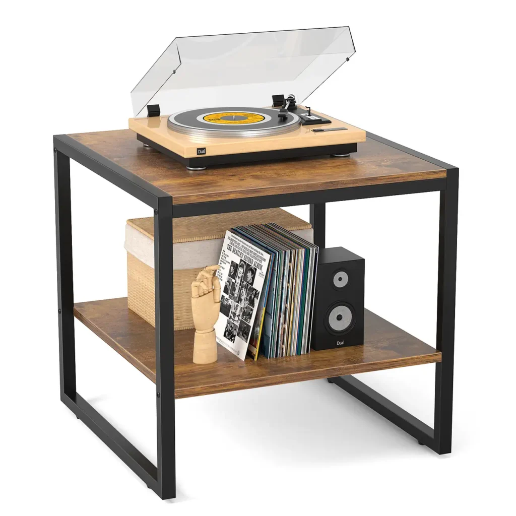 ustic brown 2 tier record player stand and vinyl storage holder with 50x50 cm (19.7x19.7 inch) tabletop