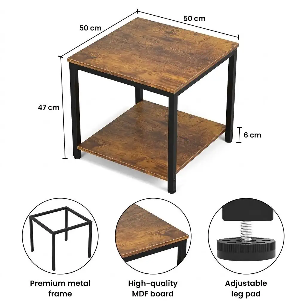 Rustic Brown 2 Tier Side Table Dimensions 19.7x19.7 inch rustic brown side table size chart showing premium metal frame and adjustable leg pad