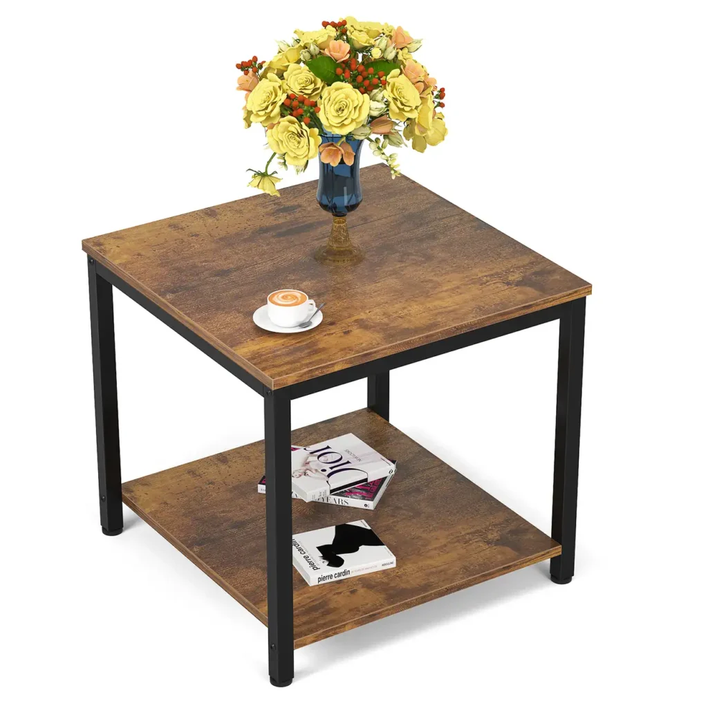 Rustic brown 2 tier square side table with black metal frame and 20x20 inch wood tabletop