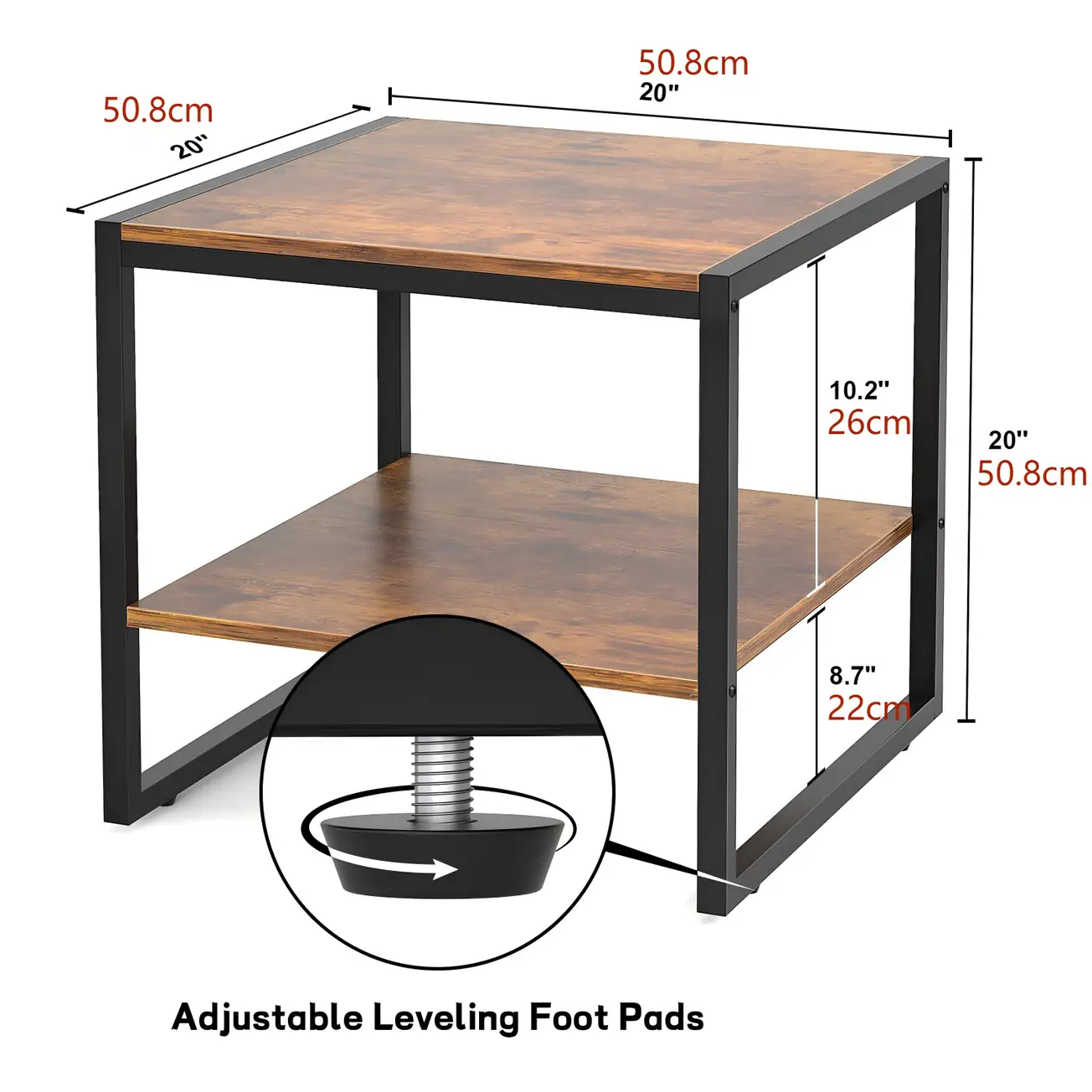 Rustic Brown 20 Inch Cube End Table Dimensions rustic brown square end table size chart with adjustable leveling foot pads
