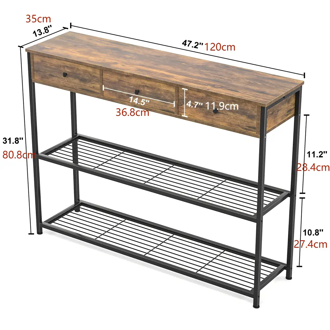 Rustic Brown Entryway Table Dimensions Rustic brown 47.2 inch (120 cm) entryway console table size chart showing 3 storage drawers and 2 tier shelves dimensions