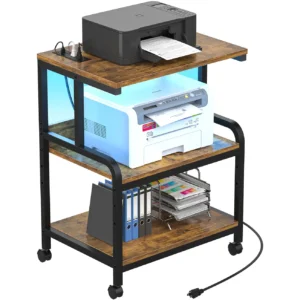 rustic brown 3 tier mobile printer stand with power outlets