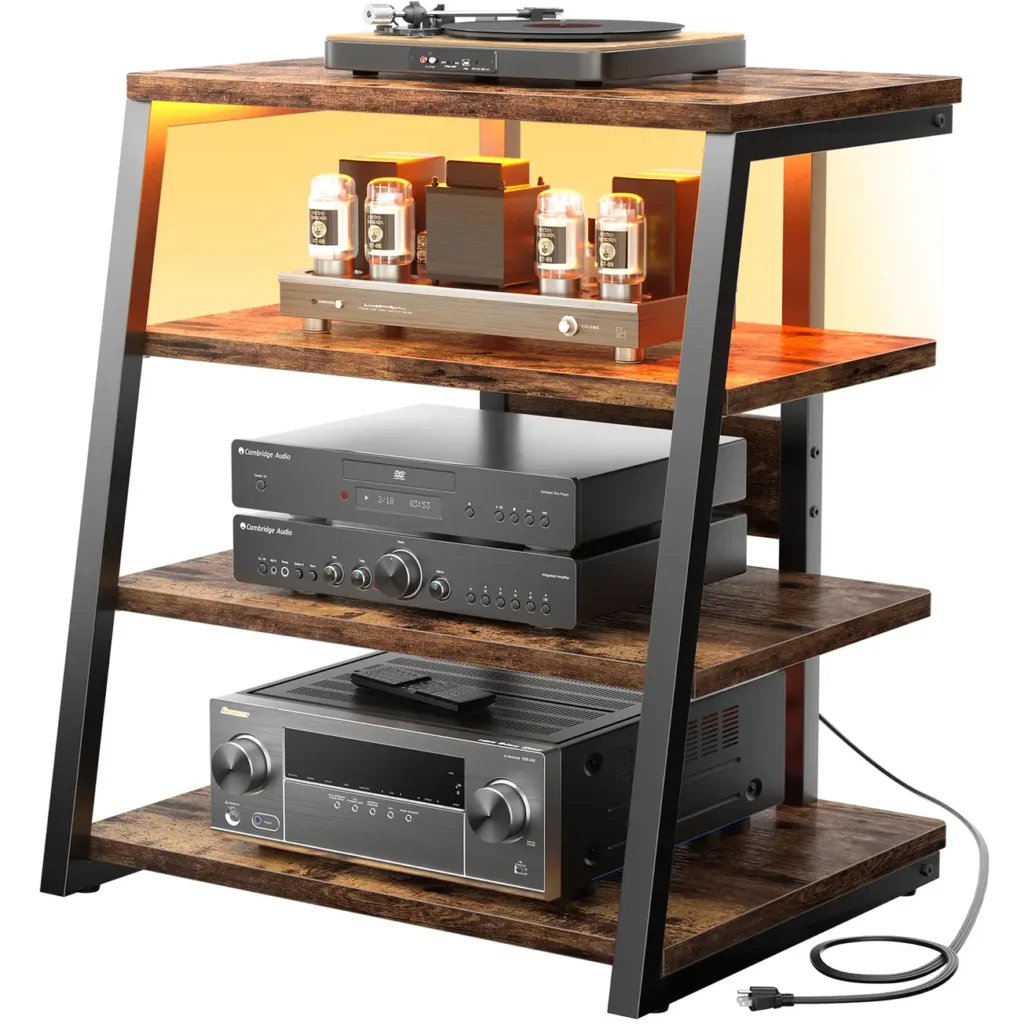 4-tier rustic brown wooden AV component media stand and stereo cabinet with vintage wood shelves, black metal frame, warm yellow LED lighting, and power outlets.