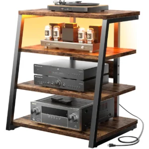 4-tier rustic brown wooden AV component media stand and stereo cabinet with vintage wood shelves, black metal frame, warm yellow LED lighting, and power outlets.