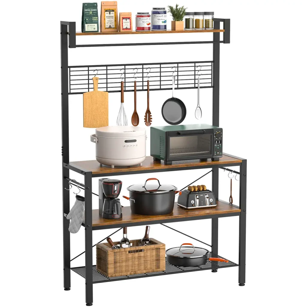 Wholesale industrial 4-tier kitchen bakers rack in rustic brown finish, fully organized with a microwave oven, coffee maker, rice cooker, toaster, pots, and spices, featuring a mesh backpanel with 10 hooks