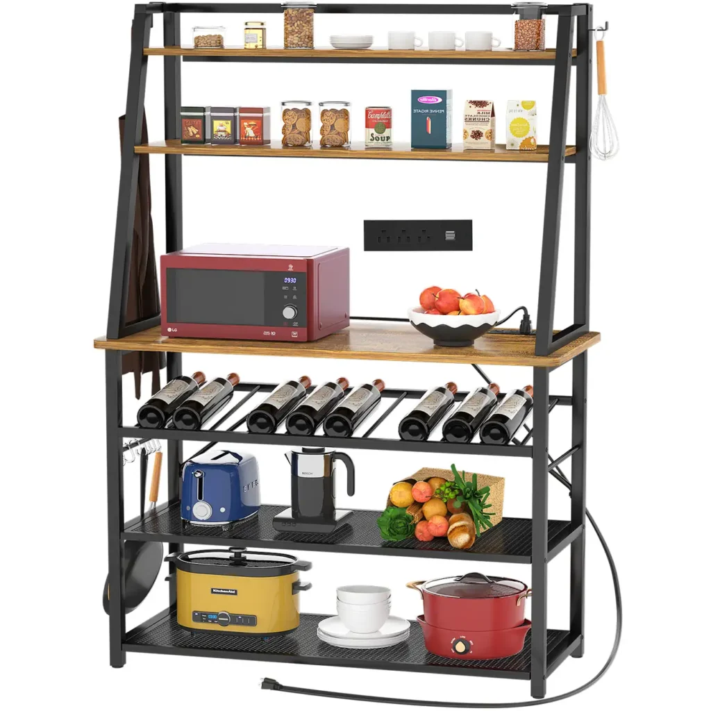 Industrial 6-tier kitchen bakers rack and hutch featuring rustic brown shelves, black steel frame, integrated wine holder rack, and built-in electrical power outlets