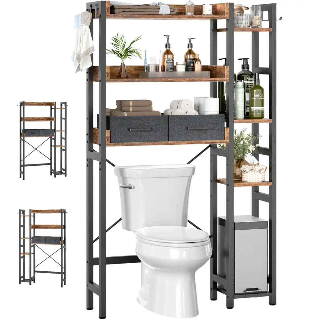 Industrial 7-tier over-the-toilet storage rack in rustic brown wood finish and black steel frame, displaying modular diagrams for reversible left or right side shelf configuration