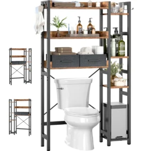 Industrial 7-tier over-the-toilet storage rack in rustic brown wood finish and black steel frame, displaying modular diagrams for reversible left or right side shelf configuration
