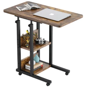 Rustic brown height adjustable C-shaped mobile side table with 2-tier storage shelf and wheels