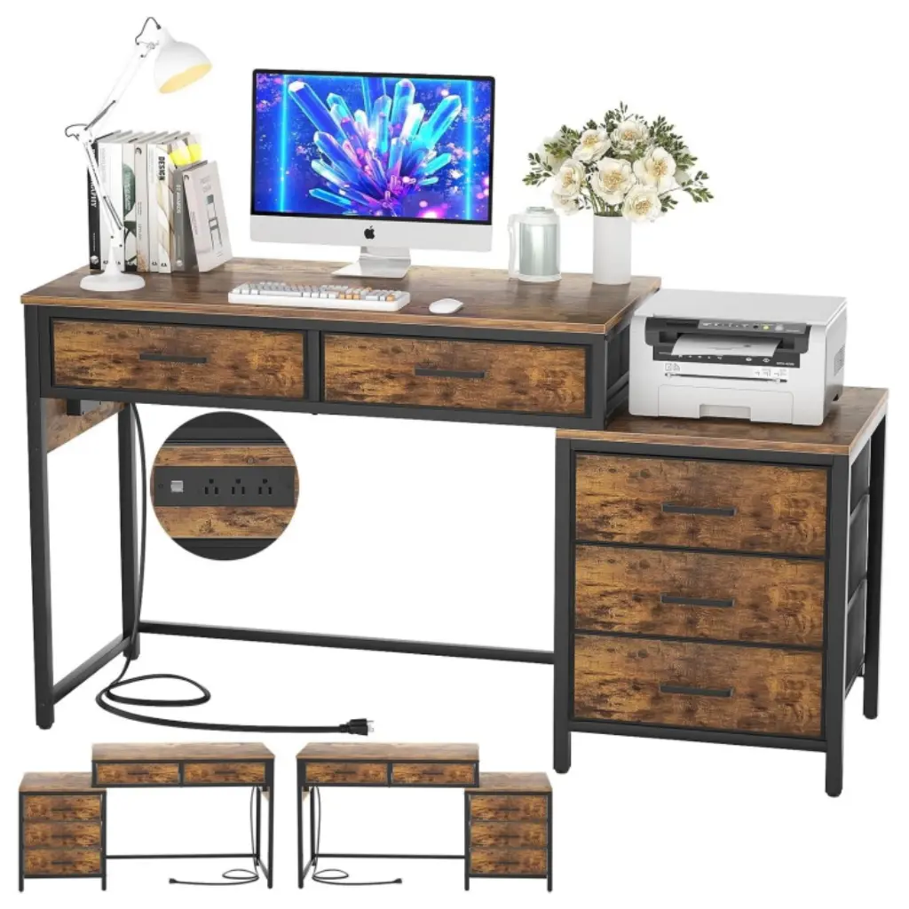 Rustic brown industrial computer desk with 2 drawers, power outlets, and reversible 3-drawer storage cabinet