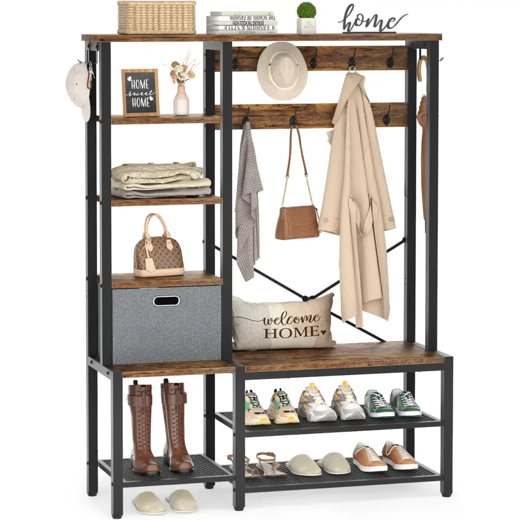 Industrial hall tree in rustic brown wood and black metal frame, featuring coat hooks, entryway bench, side shelves, and mesh shoe rack.